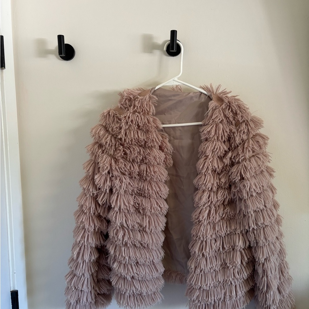 Shaggy Faux Fur Jacket in taupe/pink